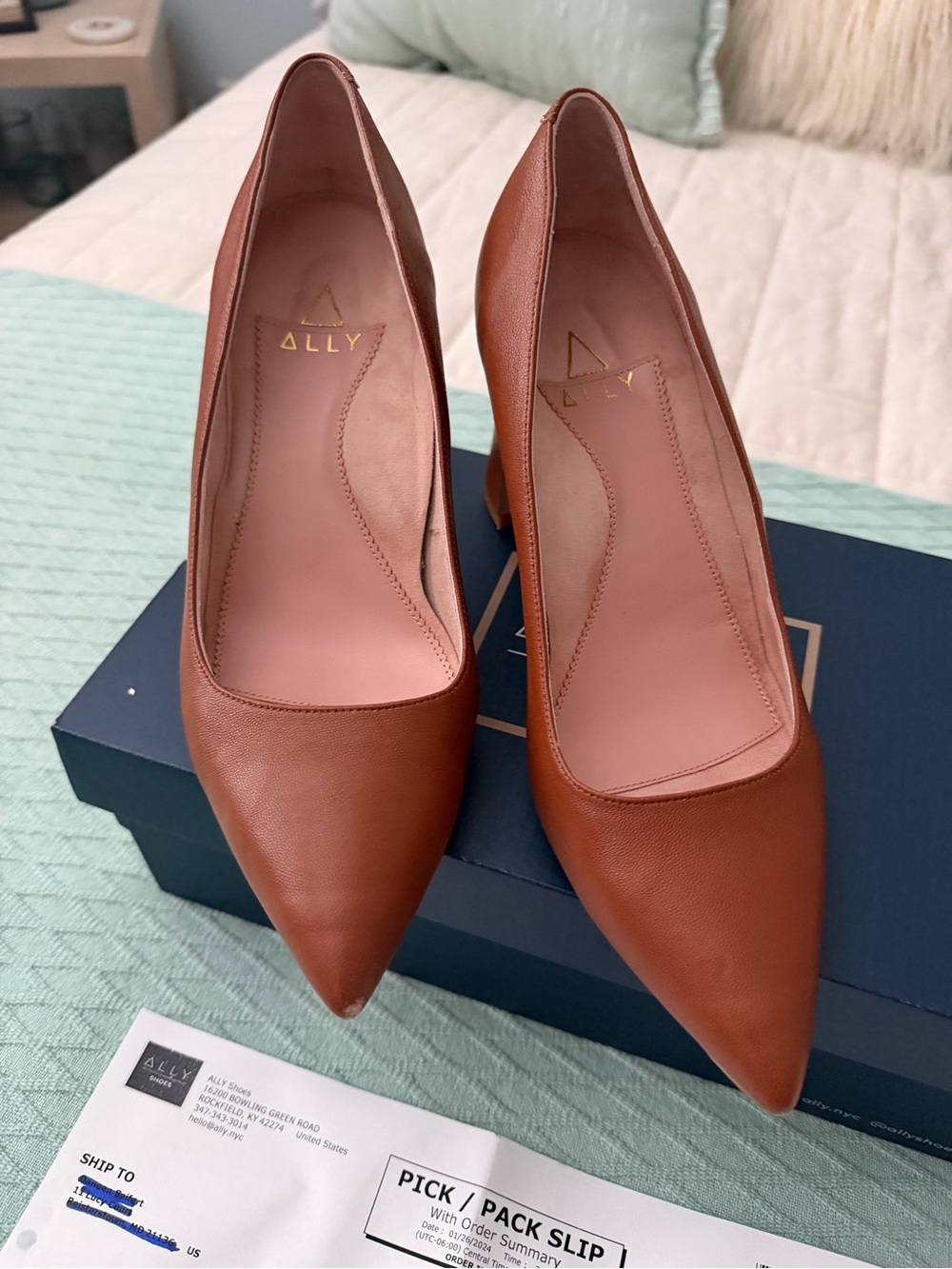 ALLY Pointed Toe Leather Pumps in Cognac
